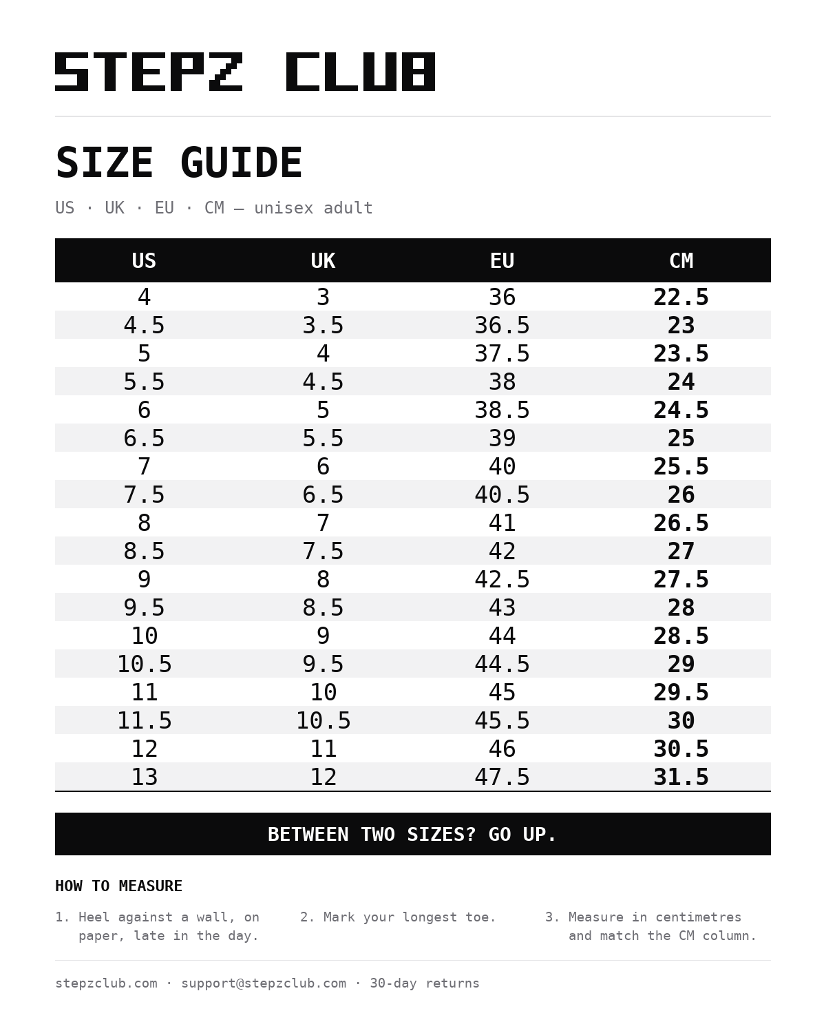 Stepz Club size guide — US, UK, EU and CM