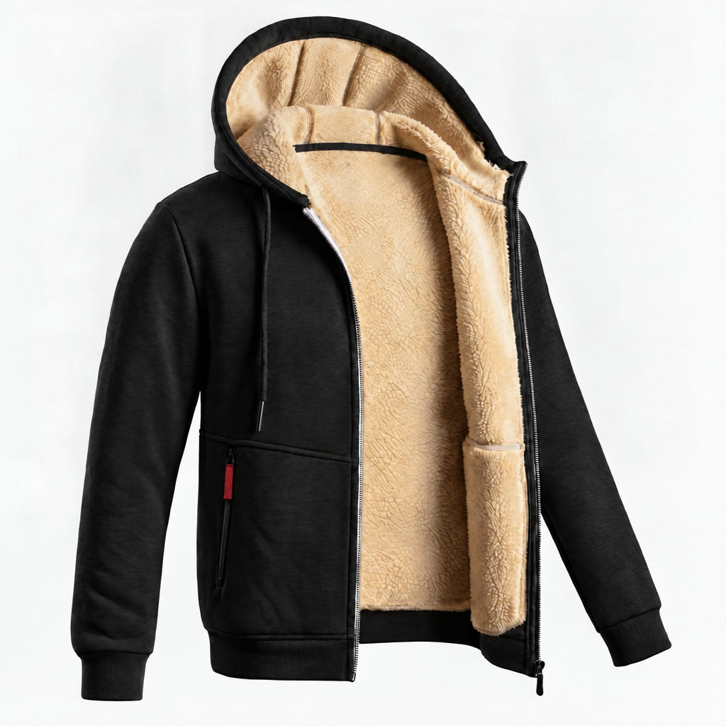 Men's Contrast-Lined Hooded Full-Zip Jacket – Black